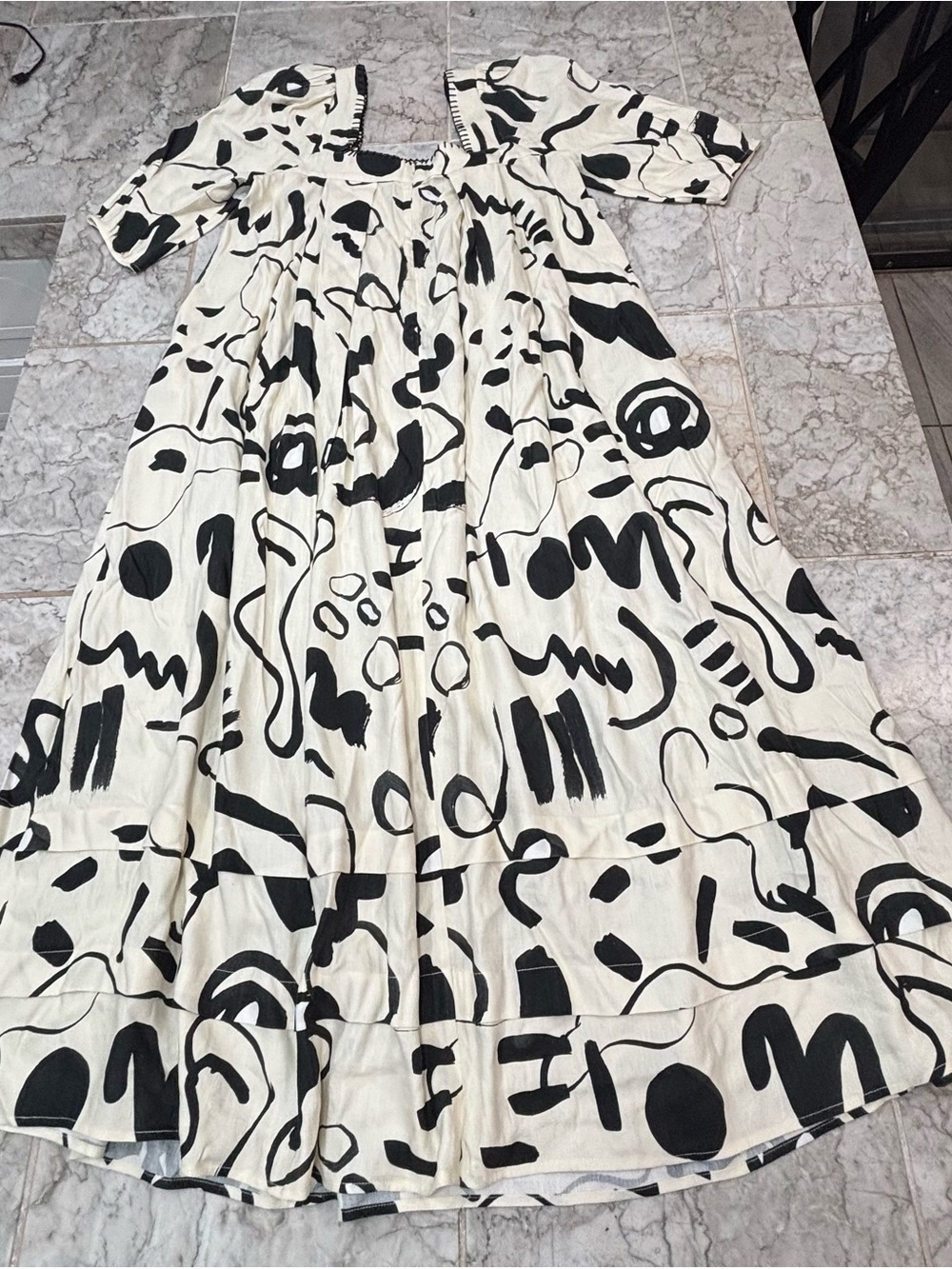 Hunter Bell Waverly Maxi Dress Womens XS cream/black Short Sleeve Square Neck